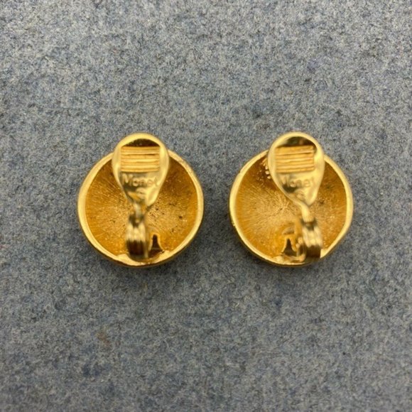 Monet Clip On Earrings Black Enamel Gold Stripe Round Domed Retro Vintage Granny - Picture 4 of 7